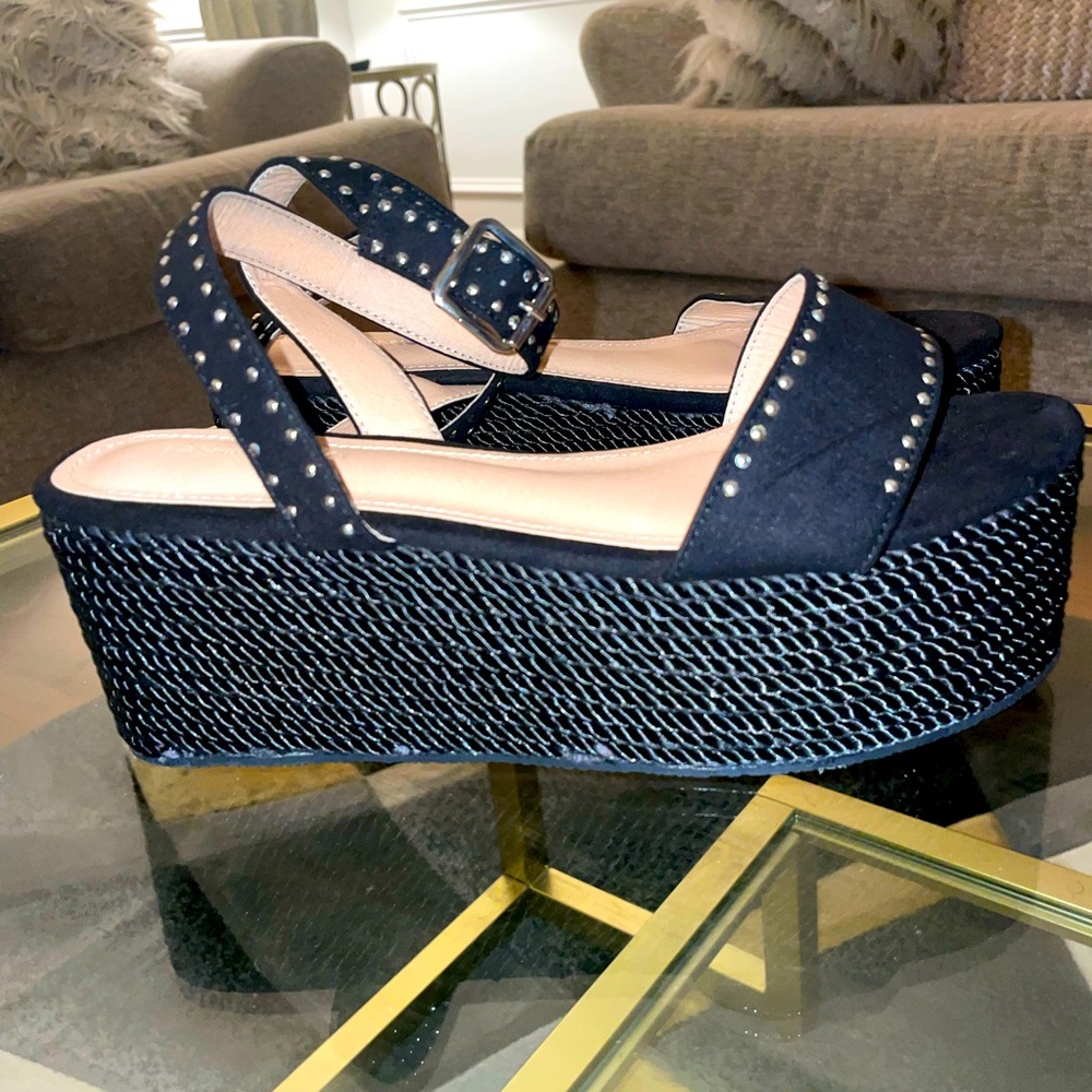 Fashion Nova Black Beaded Platform Flat Sandals size 9 Brand New No Box